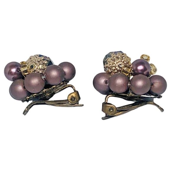 Vintage Japan Purple Rhinestone Flower Clip-On Earrings 1" Beaded Jewelry - Picture 6 of 11